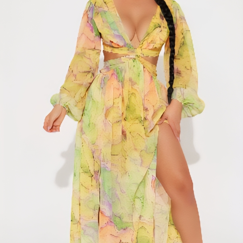 Yellow Green Maxi Dress with Bishop Sleeves